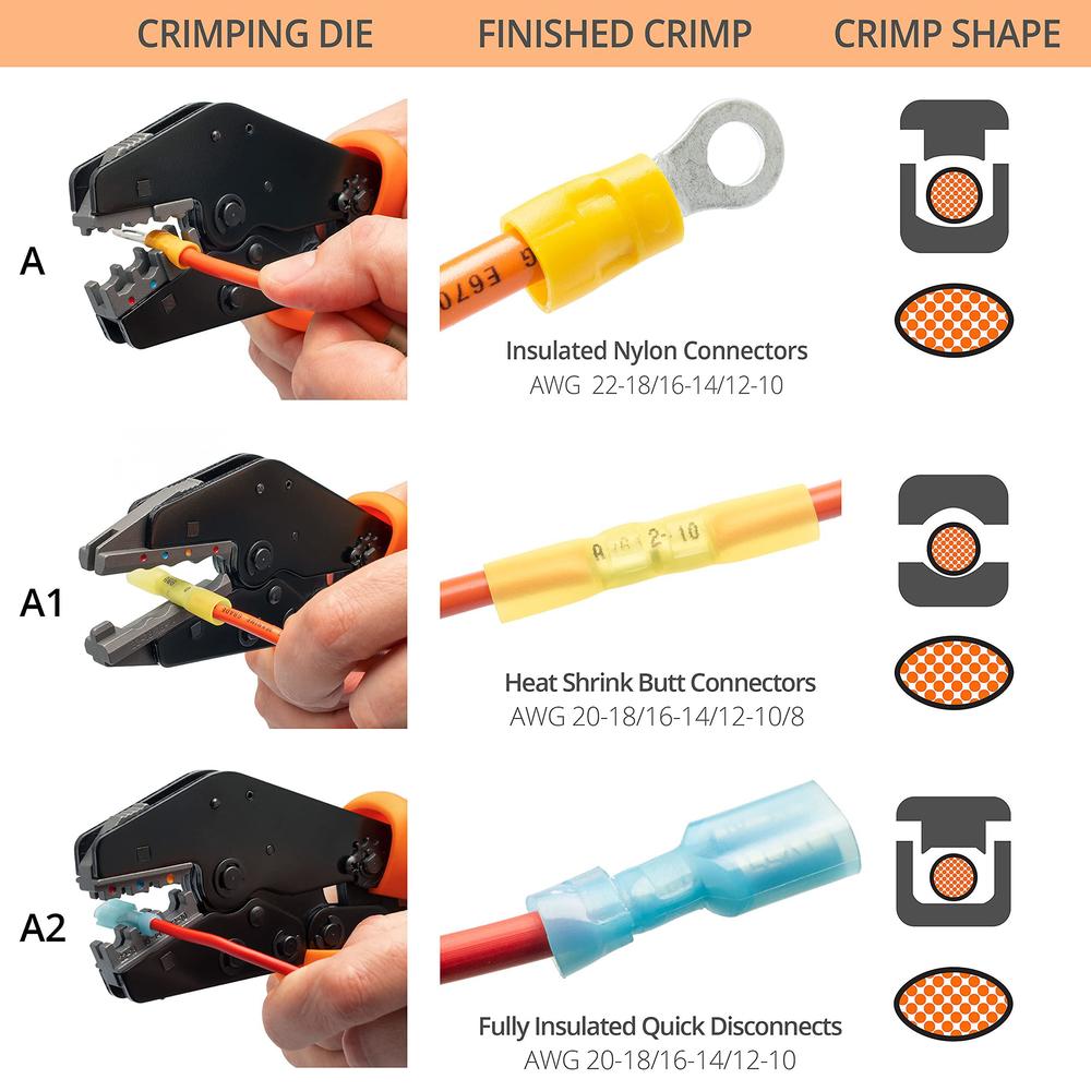 wirefy crimping tool set 11 pcs - high leverage wire crimper 9" - heat shrink, nylon, insulated flag, non-insulated connector