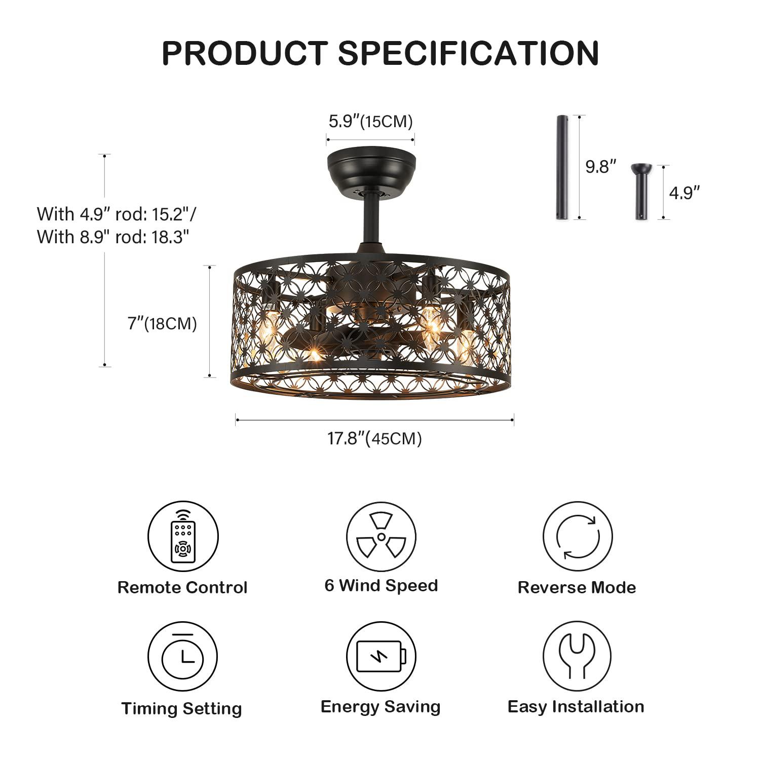 moooniche caged ceiling fan with lights, modern enclosed ceiling fan indoor with remote control, black industrial ceiling fan