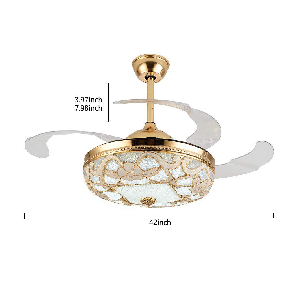 vpabes 42 inch gold ceiling fans with lights and remote, modern floral led chandelier fan light kit, 4 retractable blades, 3 color 3