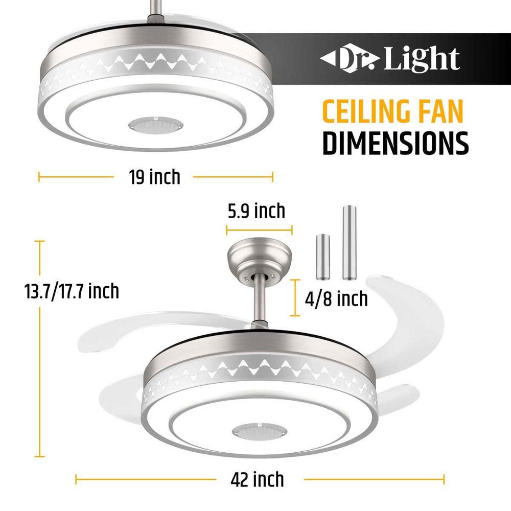 Dr.light modern retractable bluetooth ceiling fan with light and music speaker smart ceiling fan with rgb light quiet motor chandelier