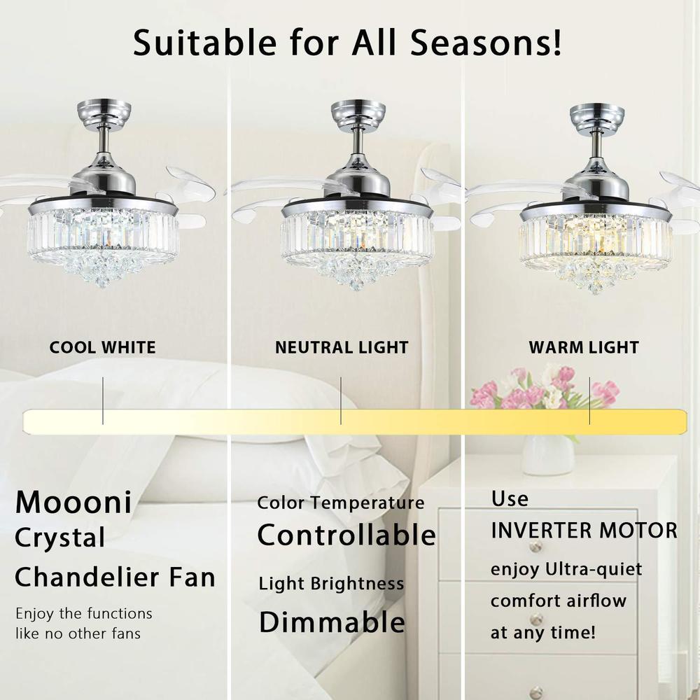 moooni dimmable fandelier crystal ceiling fans with lights and remote modern invisible retractable blades chandelier fan led 