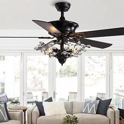 moooni 50 inch reversible crystal ceiling fan with lights, vintage chandelier fan light kit black fandelier for bedroom livin