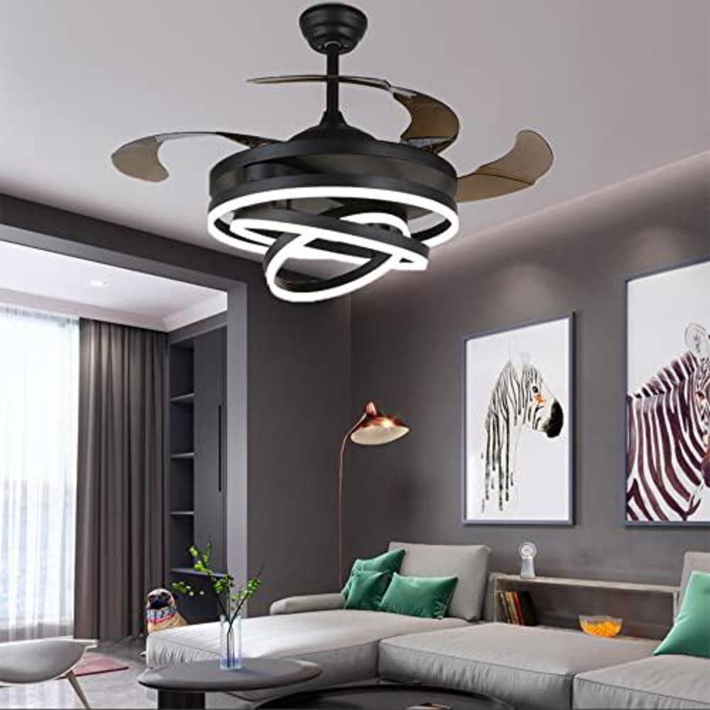 gwdz 42 inch retractable ceiling fans, modern led semi flush fan light 3 colors 6 speed invisible blades silent smart fan sui