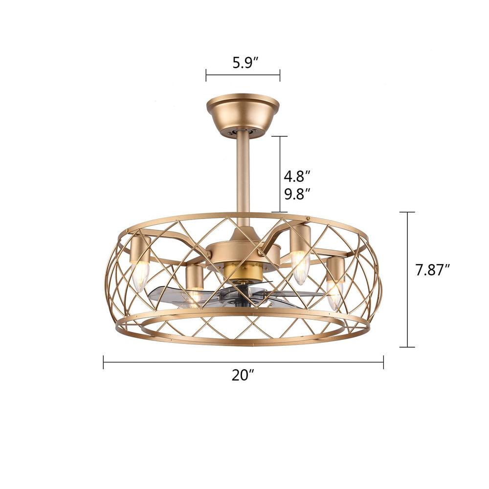 vpabes 20 inch gold ceiling fans with remote, farmhouse metal caged ceiling fans with lights, 5 invisible blades, 3 speed enc