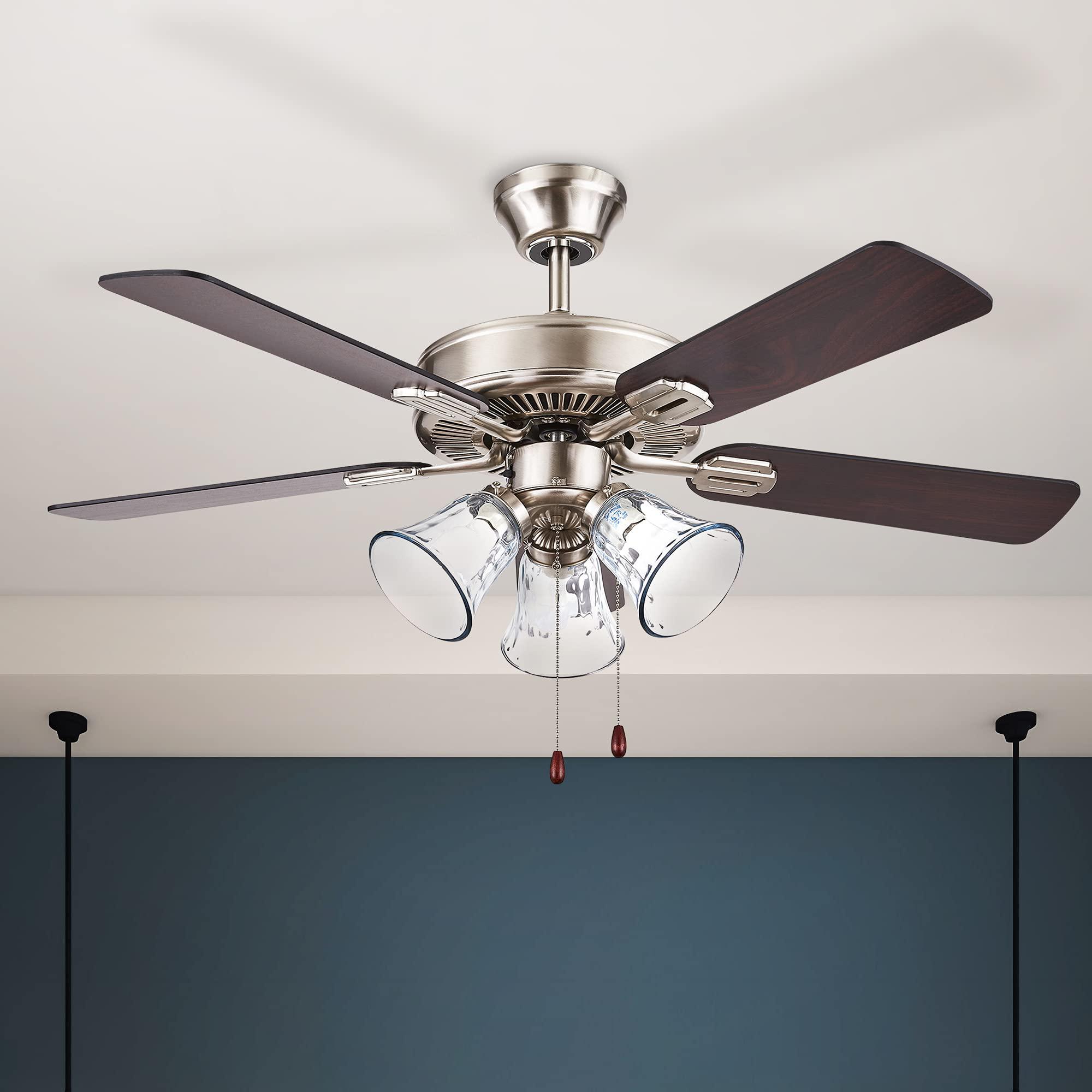 luminance richmond 42 inch ceiling fan with lights | stainless steel fixture with pull chain, reversible blades, 3 led bulbs 