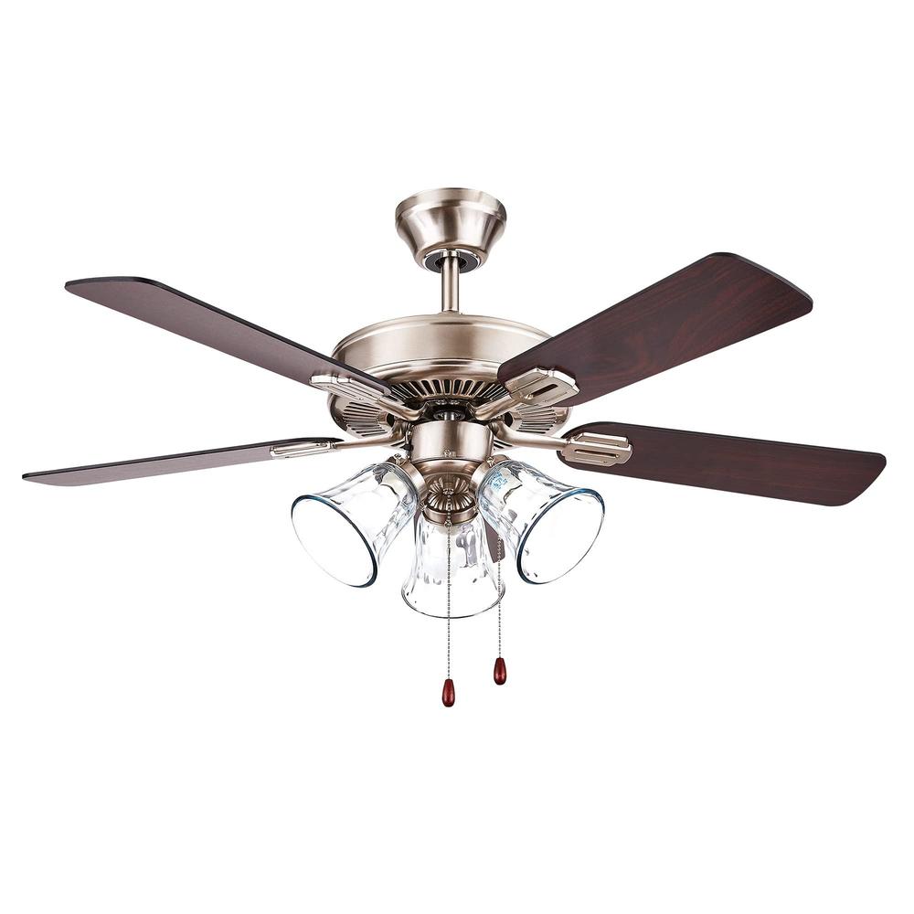 luminance richmond 42 inch ceiling fan with lights | stainless steel fixture with pull chain, reversible blades, 3 led bulbs 