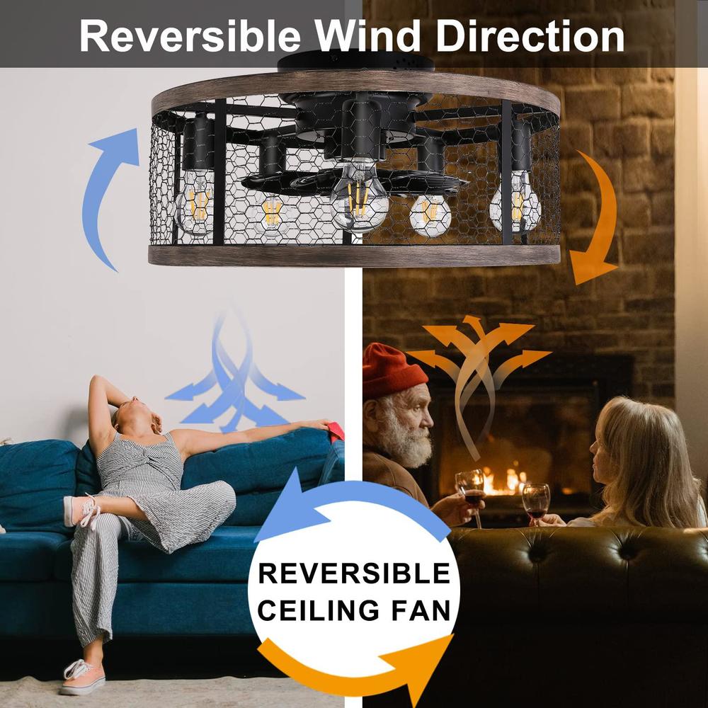 ohniyou 20'' flush mount caged ceiling fan with lights remote control, farmhouse rustic low profile ceiling fans with lights 