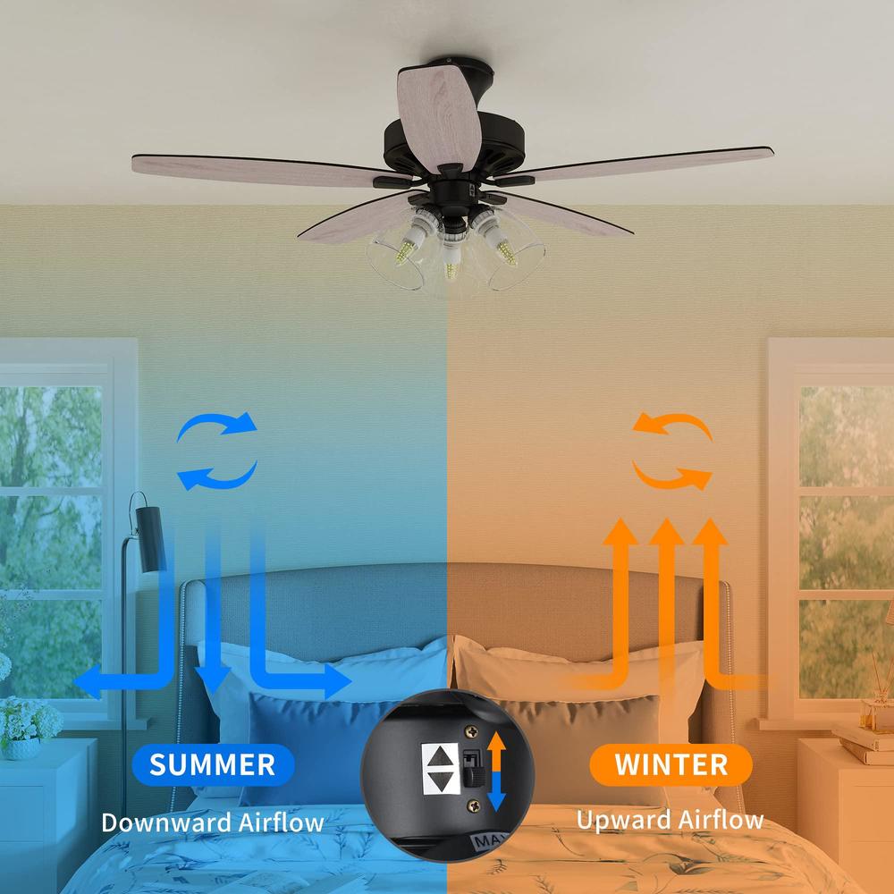 yitahome farmhouse ceiling fan with light and remote, 52 inch low profile flush mount ceiling fan with clear seeded glass lig