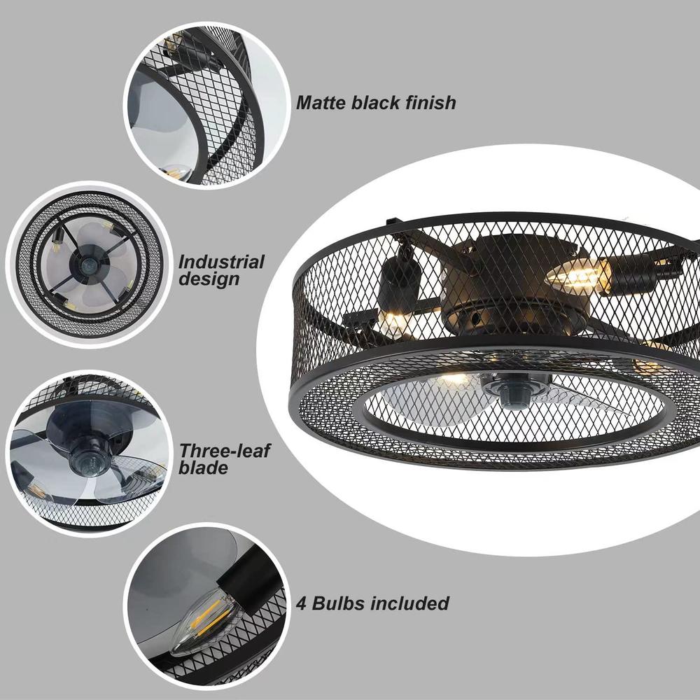 instagobo caged ceiling fan with lights, 18'' low profile flush mount ceiling fan with remote control, industrial ceiling fan