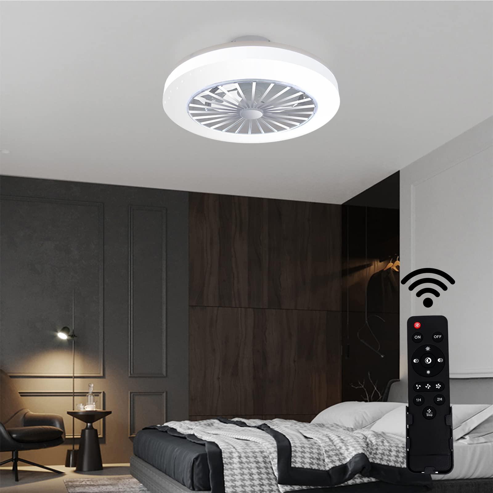 tfcfl invisible ceiling fan with light, 18" round semi flush mount low profile fan chandelier with remote control 3 colors 3 