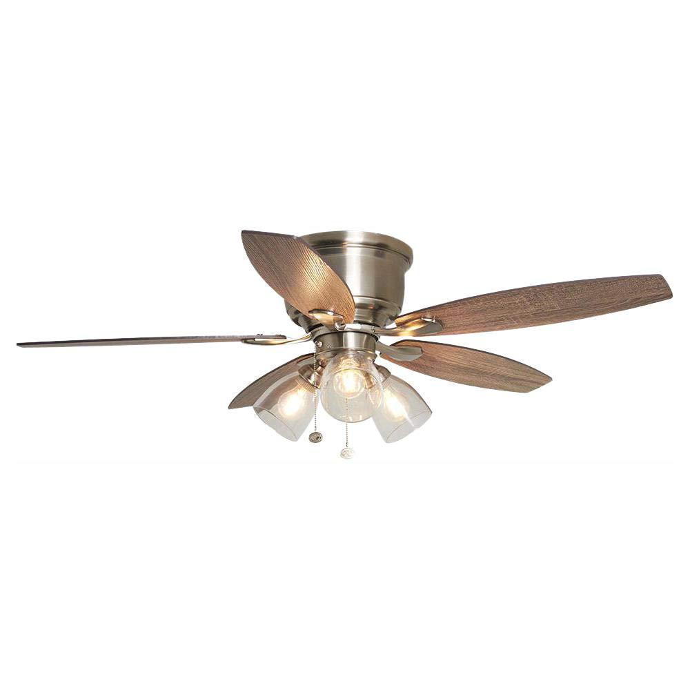 hampton bay stoneridge 52 in. led indoor brushed nickel hugger ceiling fan with light kit