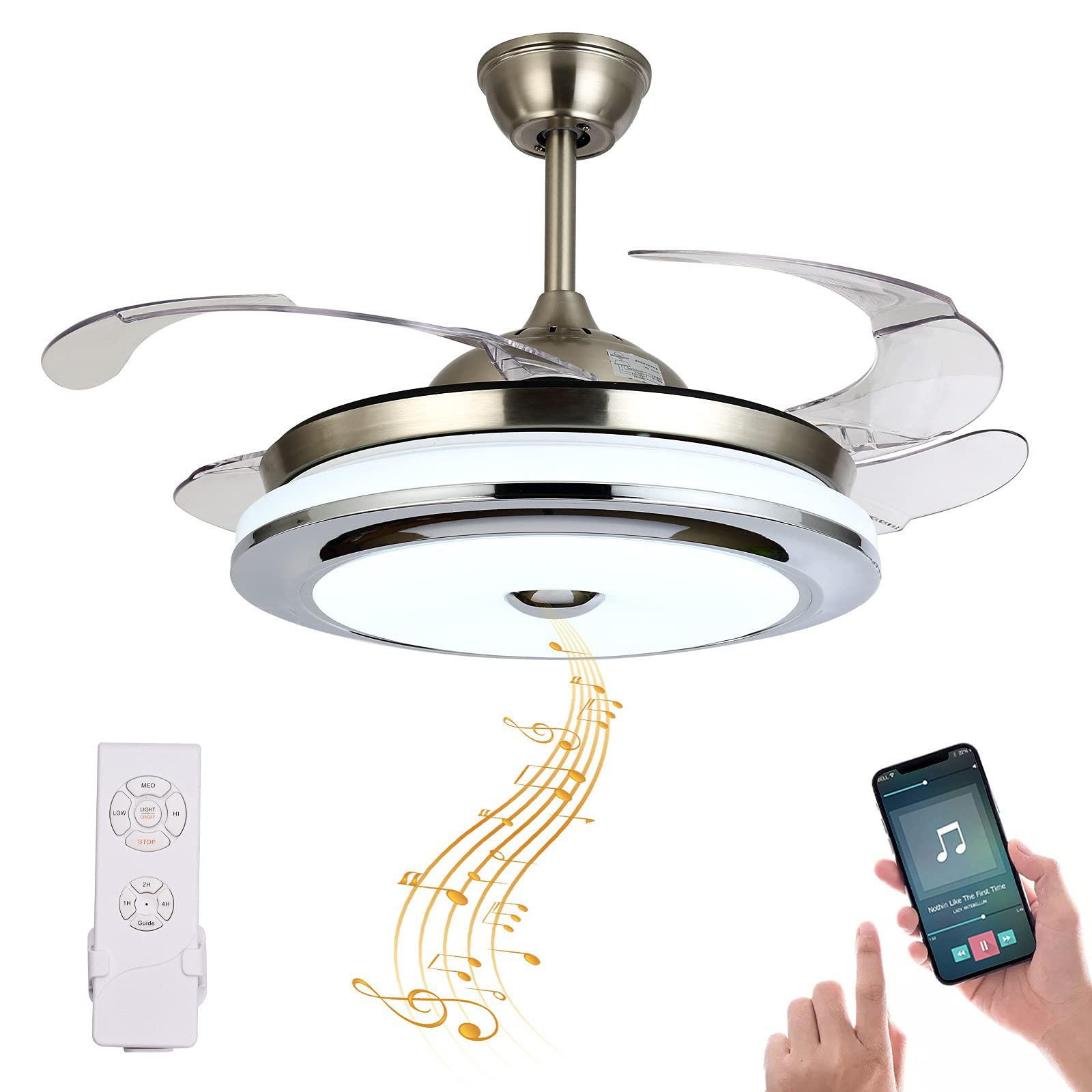 Bavnnro ceiling fans with lights smart bluetooth music player,42 inch led 3 color remote control retractable invisible blades 3 speed