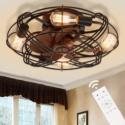gesum 20" caged ceiling fan with lights, farmhouse bladeles ceiling fan with light and remote control for bedroom kitchen liv