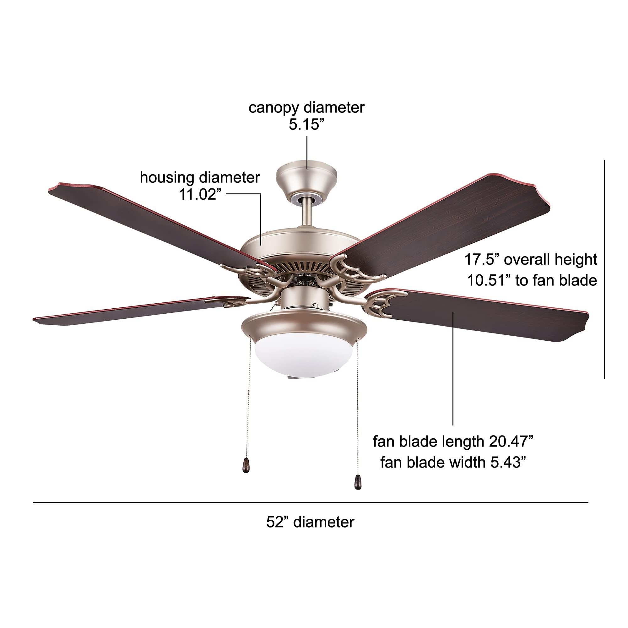 noble home 52 inch led ceiling fan with pull chain | dimmable light with 5 blades, dual mount hanging kit, and downrod | heav