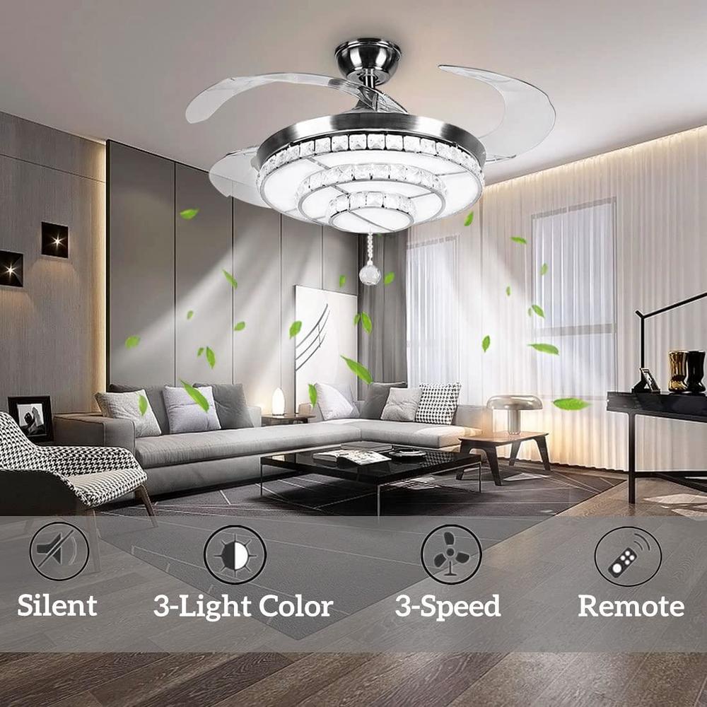 efperfect 42" crystal ceiling fan with lights, retractable modern chrome fandelier, remote 3 speeds 3 color changes noise-fre