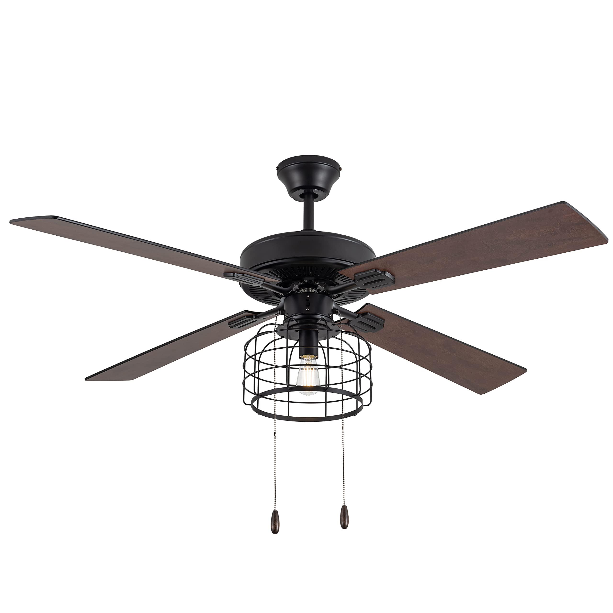river of goods industrial led ceiling fan - 52" l x 52" w - caged ceiling fan with lights - rich barnwood / black fan blades