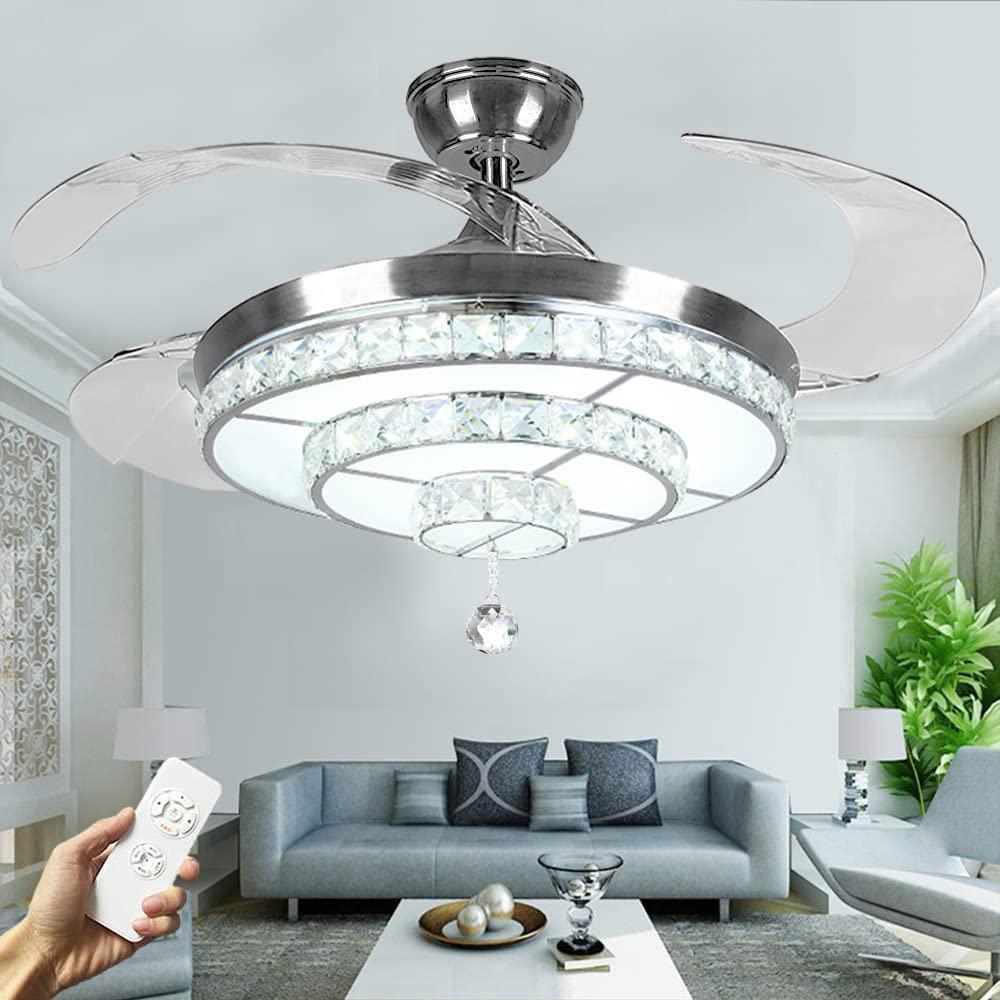 kalri modern 42'' crystal chandelier ceiling fan for living room bedroom with led light kit and remote control invisible ceil