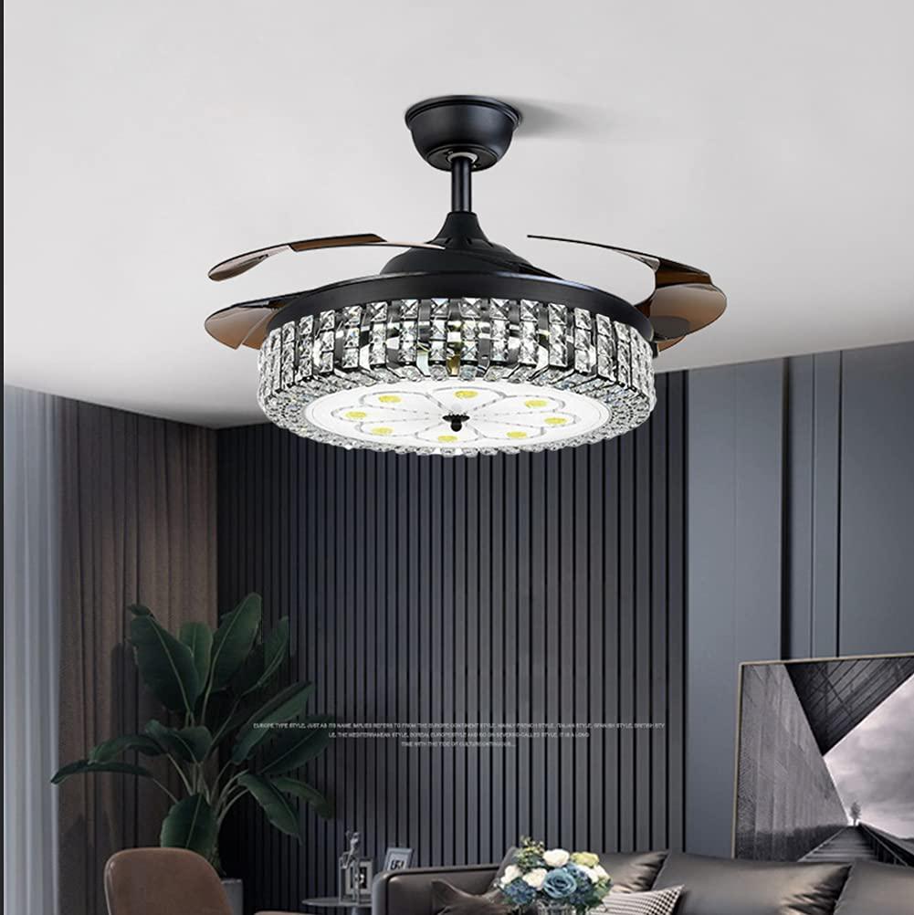 fandian 42in modern crystal ceiling fan with lights remote control pendant lighting retractable chandelier fixtures,3 color c