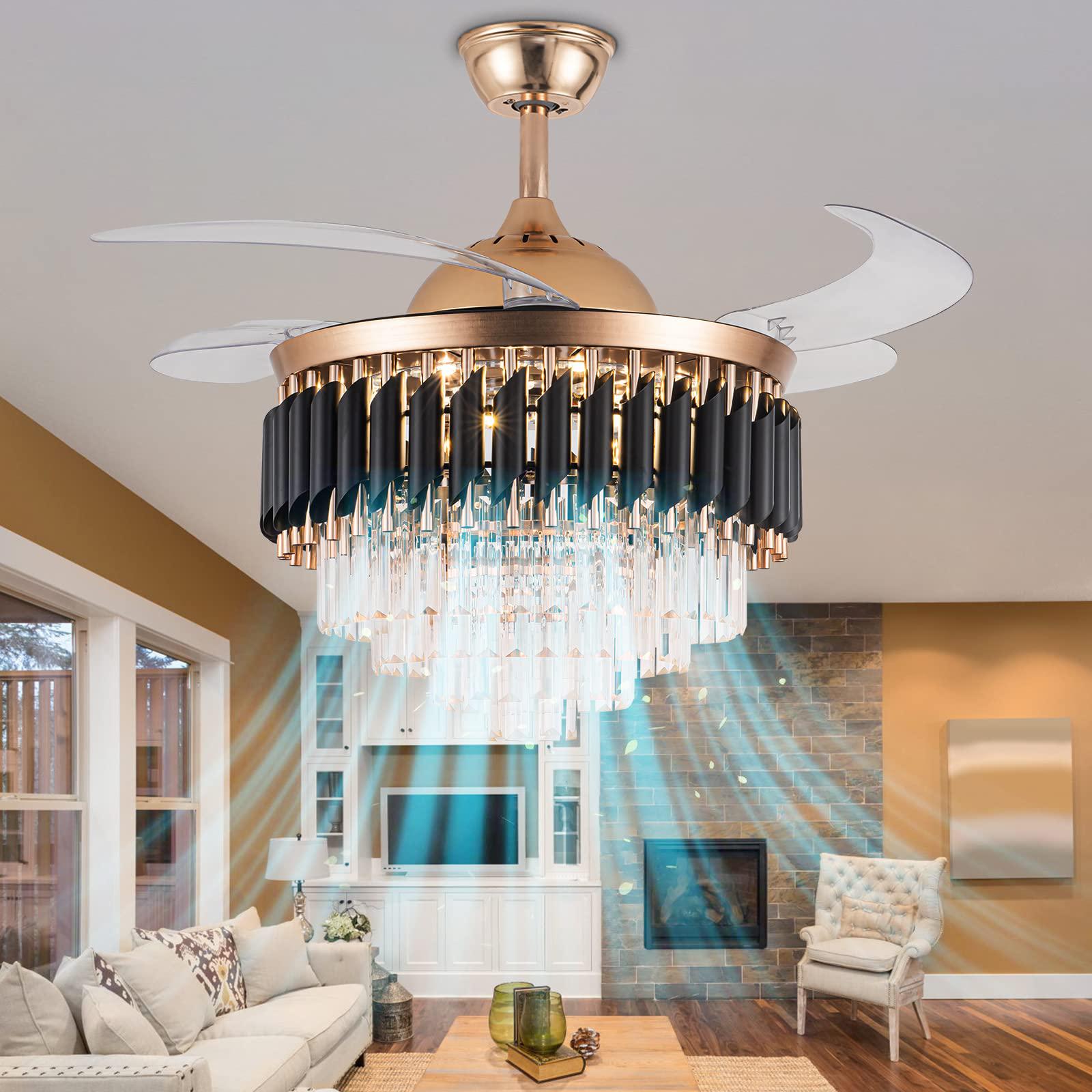 shinleypack crystal ceiling fan with light,42 inch crystal fandelier, modern retractable ceiling fan 6 speeds indoor chandeli