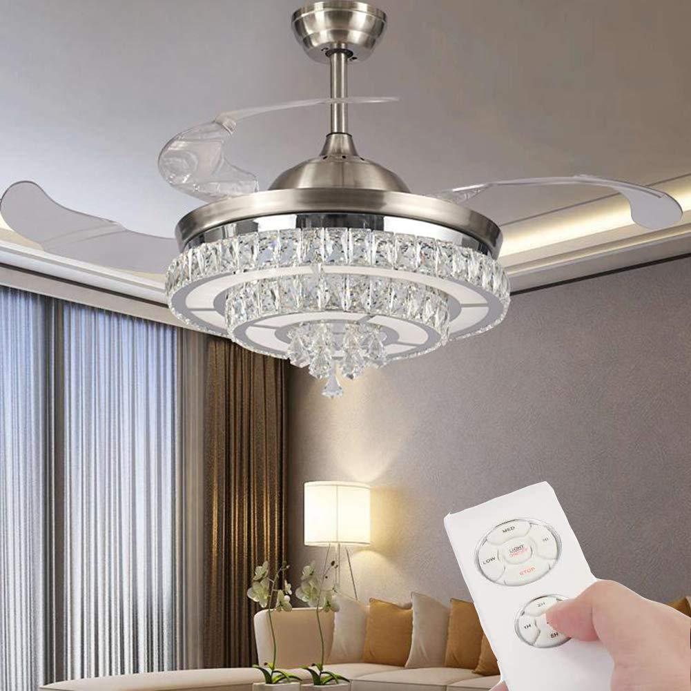 Saffbei 42 Retractable ceiling Fan with Remote, 2-layers crystal Modern chandeliers with LED Light Kits 3-color Bright Lighting 