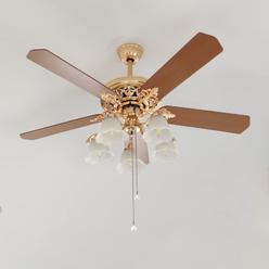 TFCFL 52 inch gold ceiling fan with led light and remote control,creative design chandelier fan light with 5 wood reversible blades
