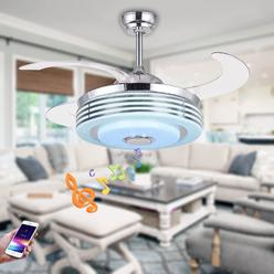 angry pryo 42 inch retractable ceiling fan with light and bluetooth speaker, 7 color change music player ceiling chandelier w