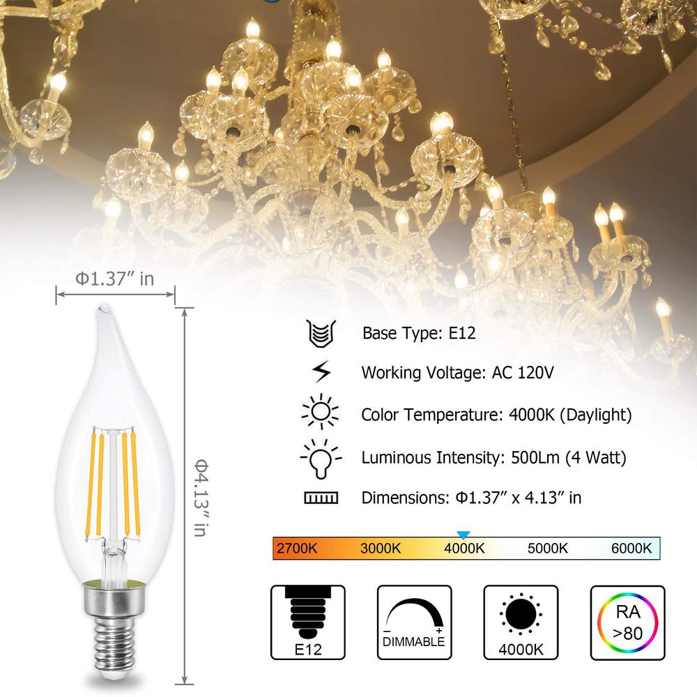 sailstar dimmable led candelabra bulbs,40w equivalent,4000k daylight white,4 watt chandelier light bulb,led edison bulb,e12 b