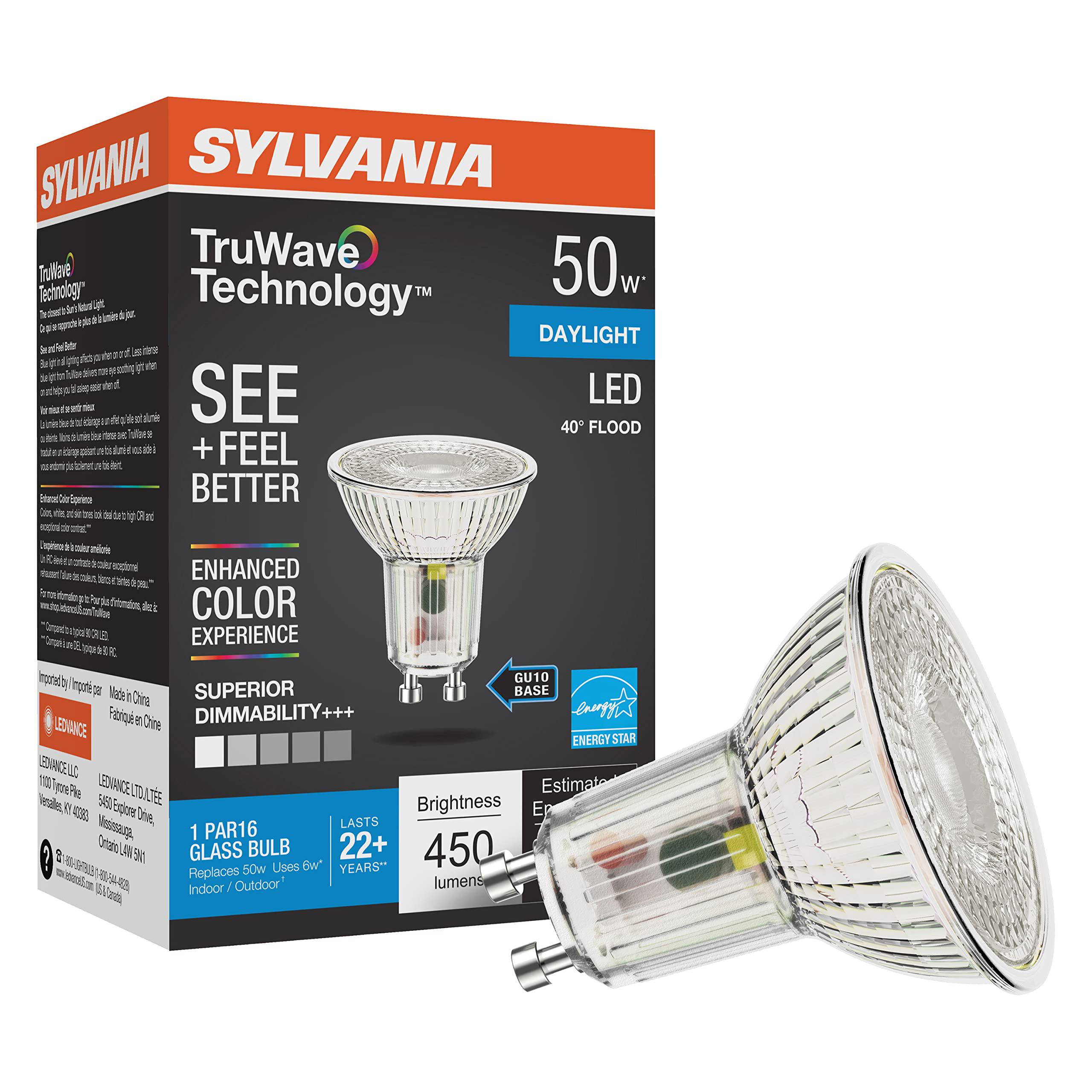 LEDVANCE led truwave natural series par16 light bulb, 50w equivalent efficient 6w, gu10 bi-pin base, dimmable, 5000k, dayligh