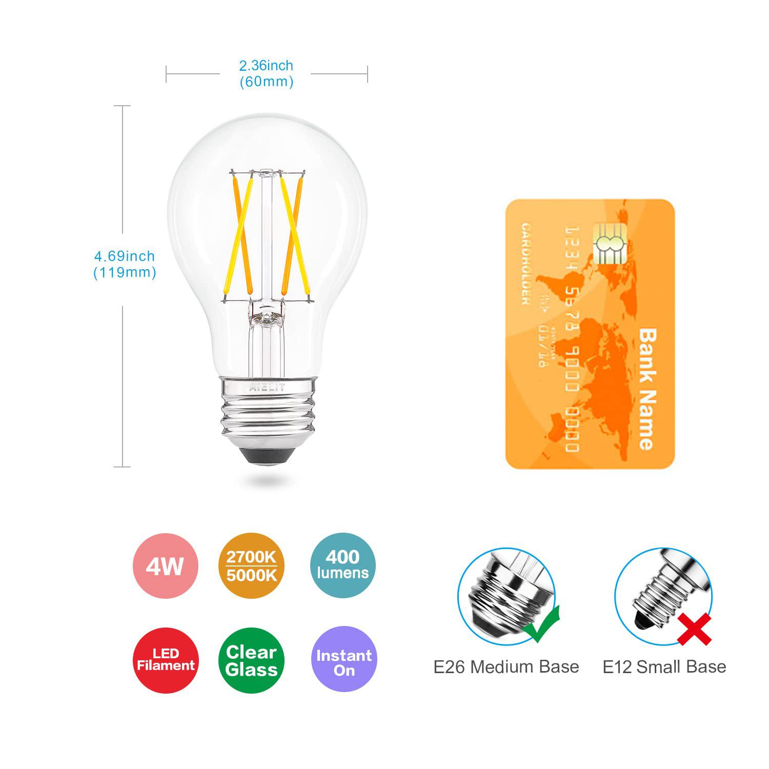 AIELIT remote control smart edison a19 led light bulbs- e26 standard base- dimmable 4w(40w equivalent)- adjustable color temperature