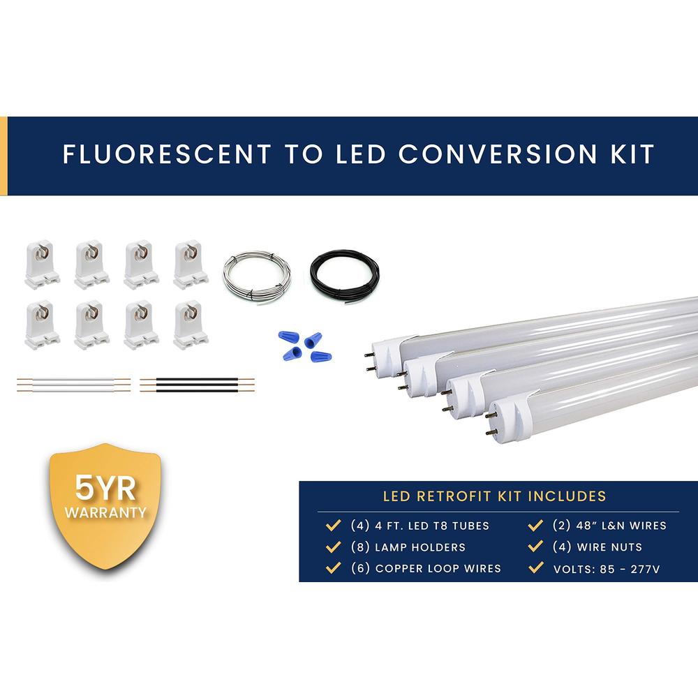 orilis 4 light fluorescent to led retrofit conversion upgrade kit - (8) non shunted lamp holders, (4) 4 ft 24w 5000k led t8 t
