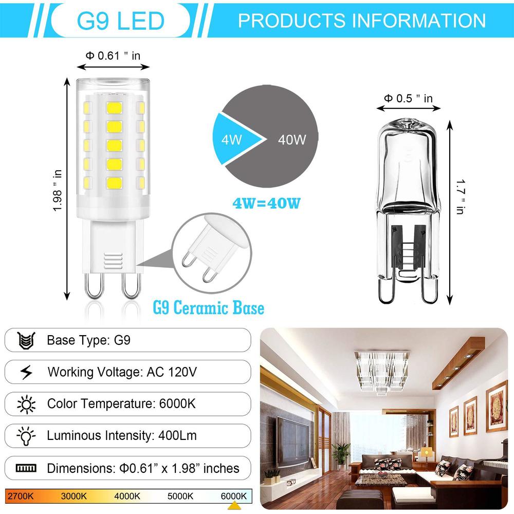 winshine g9 led light bulb bi pin base, 6000k daylight g9 base bulbs for chandeliers,4w (40w halogen equivalent),360 beam ang
