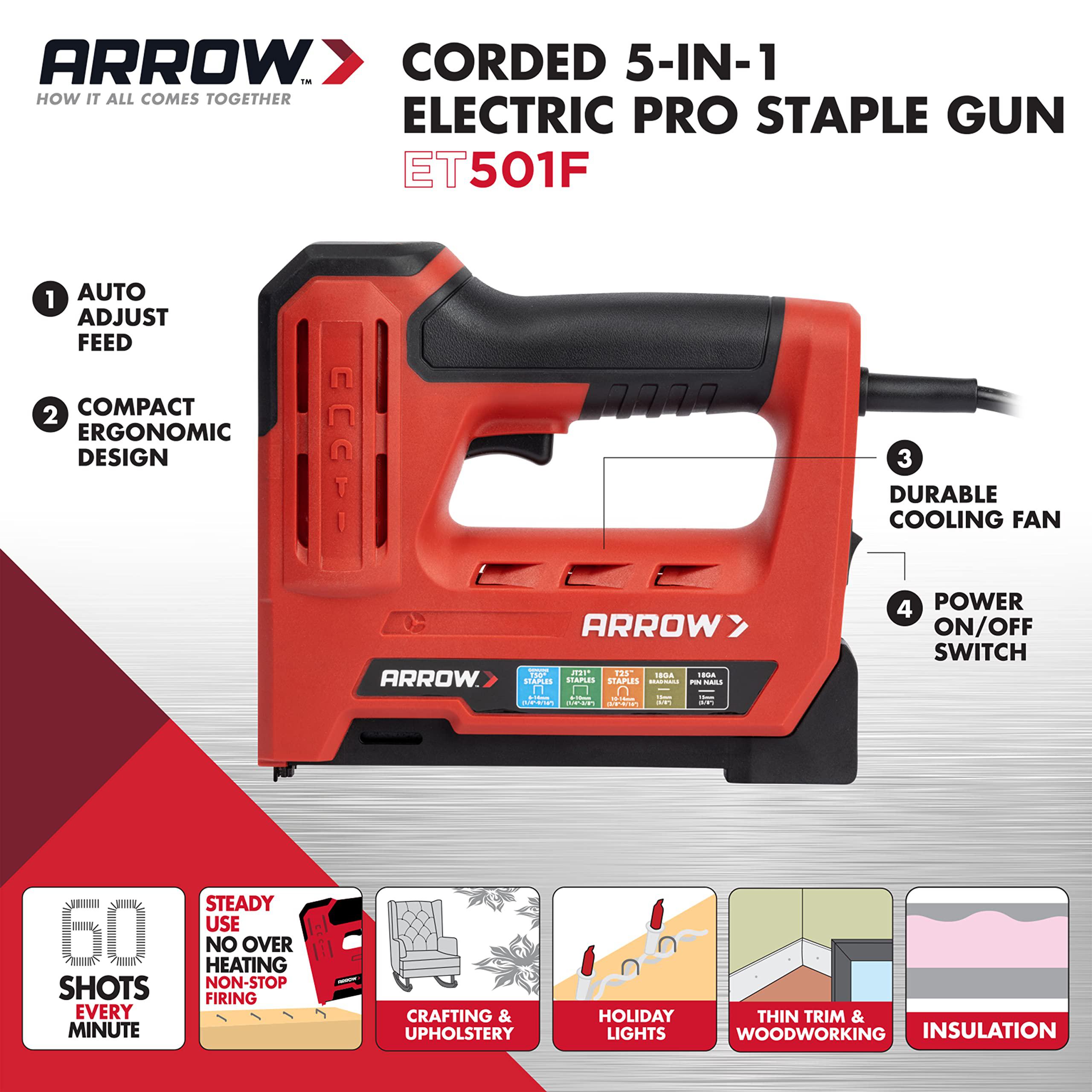 Arrow Fastener arrow et501f corded 5-in-1 professional electric staple and nail gun, wire stapler, brad and pin nailer for upholstery, frami
