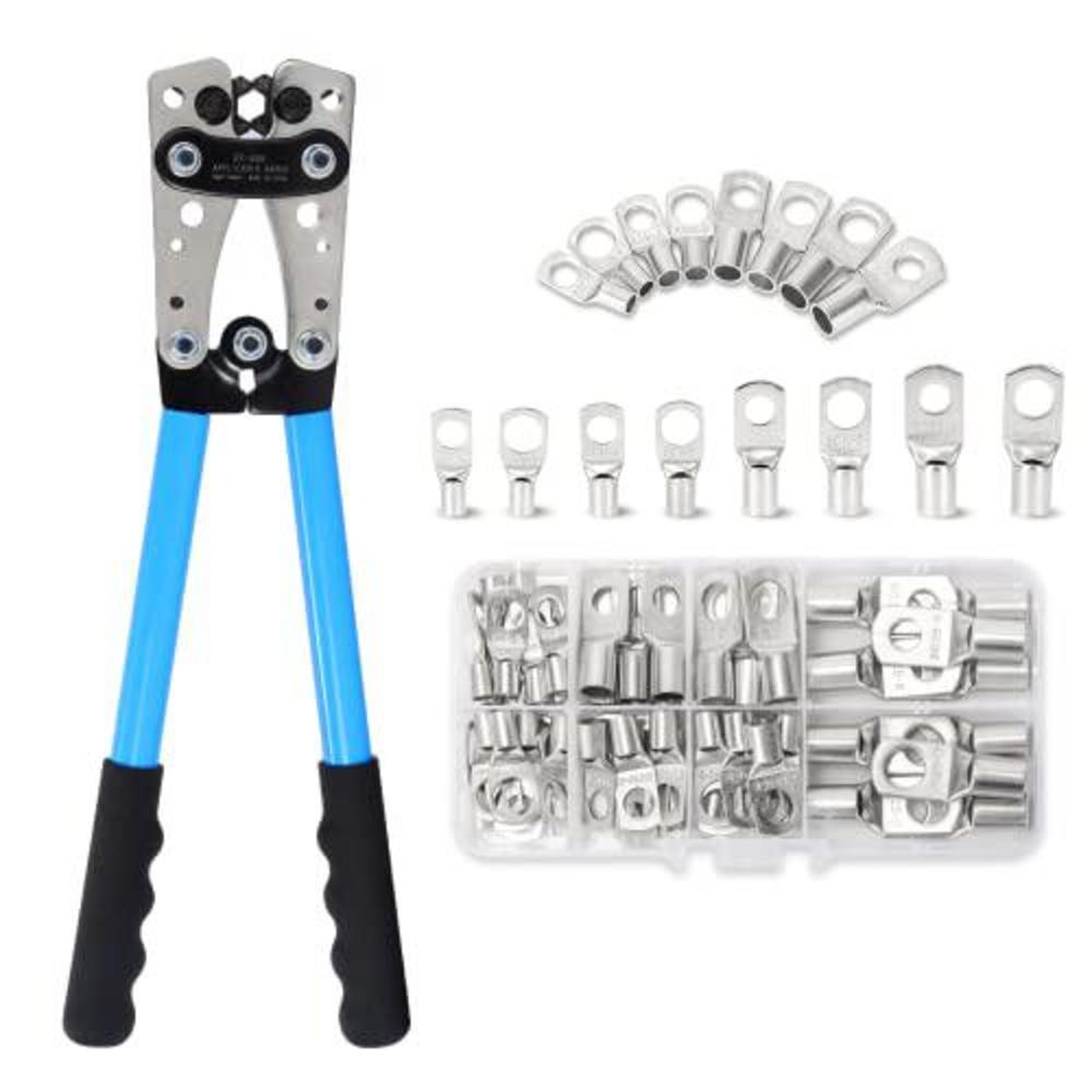 hks battery cable lug crimping tool 10-1 awg with 60pcs copper ring terminals 8 sizes cable lugs set, heavy duty wire crimper