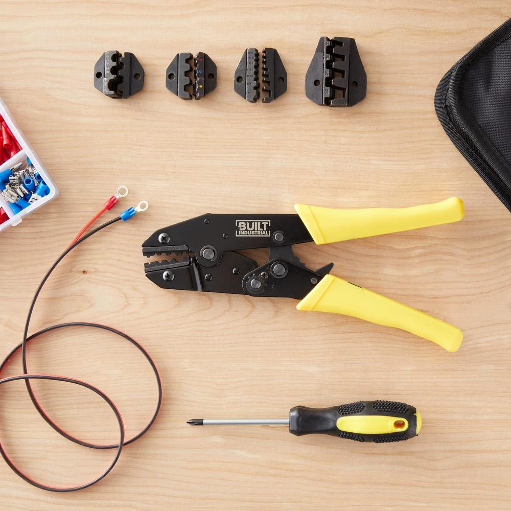 Built Industrial 5 piece ratcheting wire crimping tool set for heat shrink connectors, electricians, electrical connectors (black and yellow)