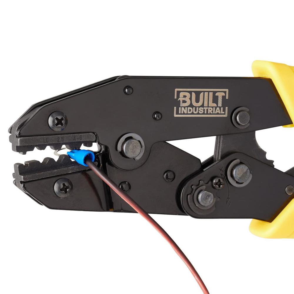 Built Industrial 5 piece ratcheting wire crimping tool set for heat shrink connectors, electricians, electrical connectors (black and yellow)