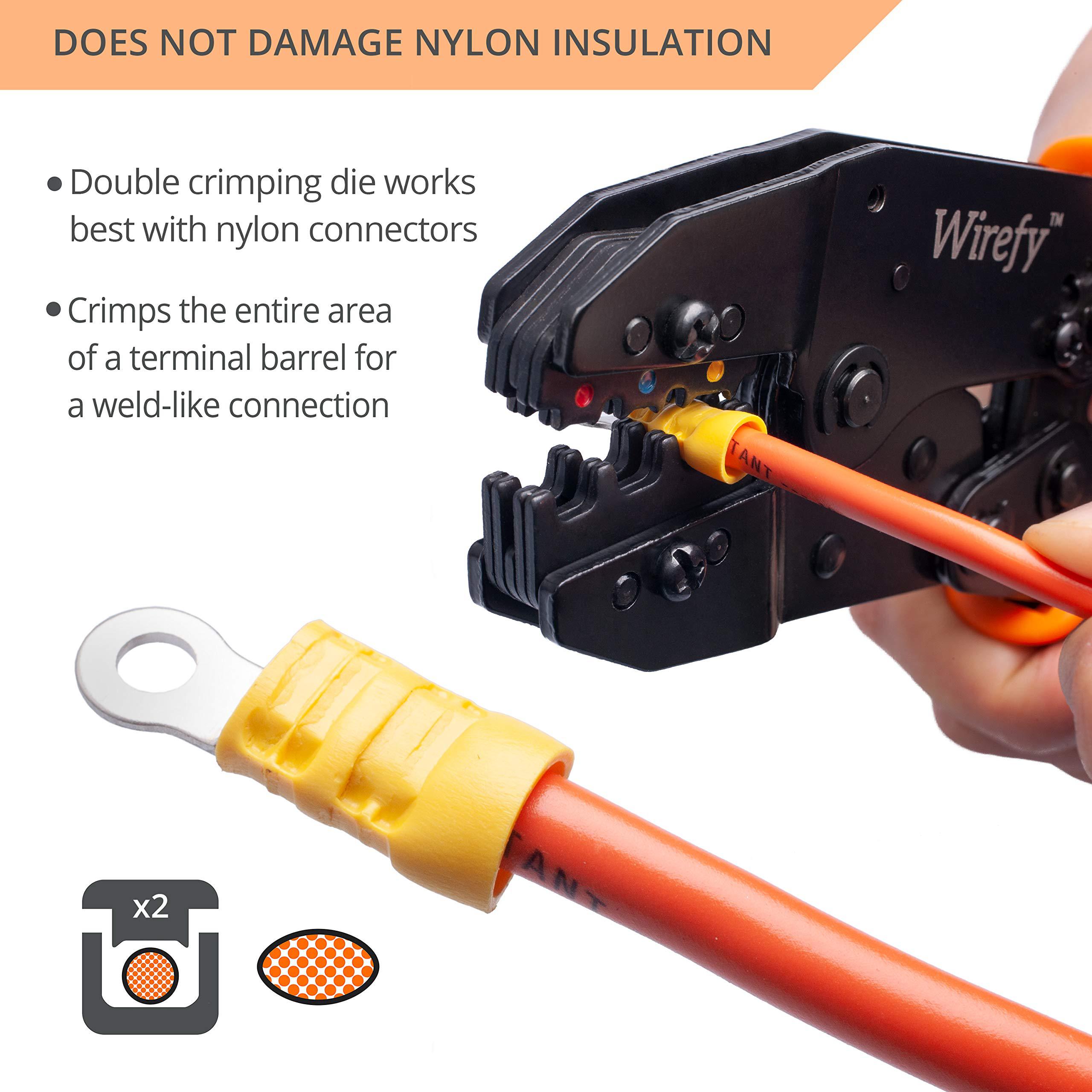 wirefy crimping tool for insulated electrical connectors - ratcheting wire crimper - crimping pliers - ratchet terminal crimp