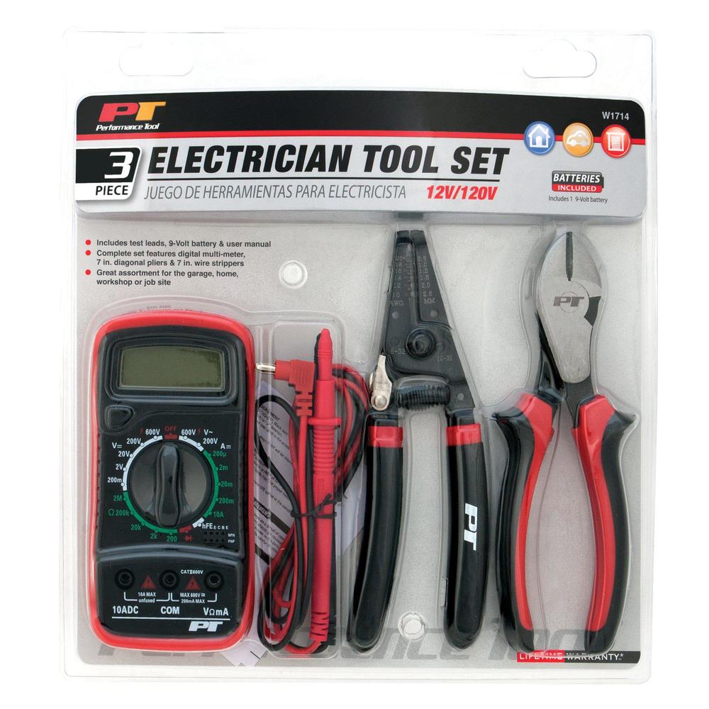 performance tool w1714 3 piece electrician tool set (diagonal wire cutters, wire strippers/cutters & digital multi-meter)