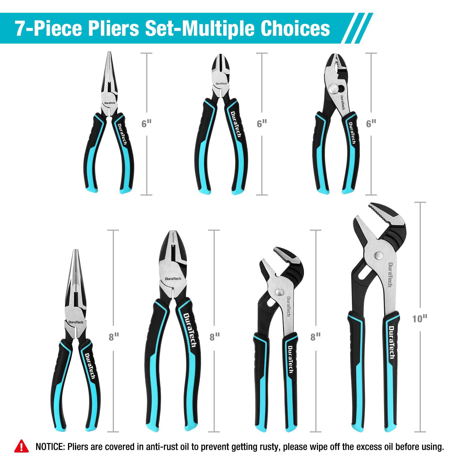duratech 7-piece pliers set, premium cr-ni construction (10", 8" groove joint pliers, 8", 6" long needle nose, 8" linesman, 6