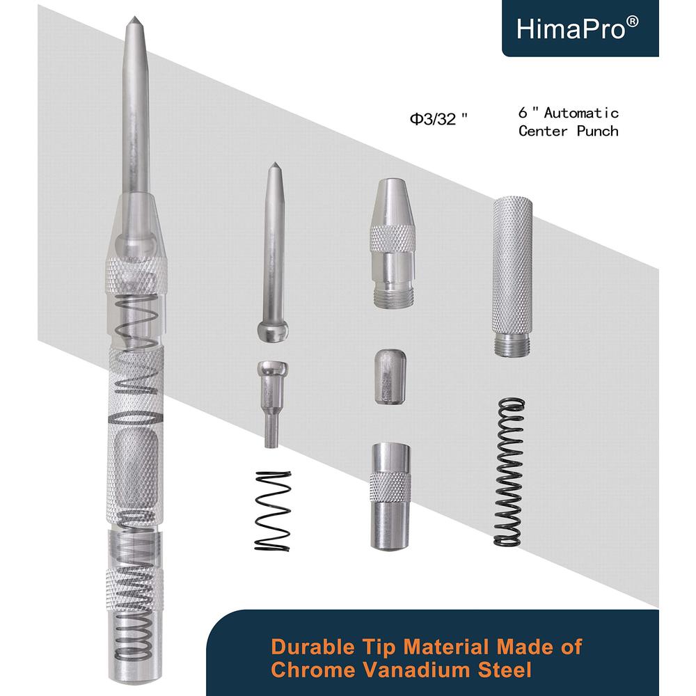 himapro center punch set - 2 automatic center punches (6 inches and 5 inches) with spring loaded adjustable strokes and 1 sol