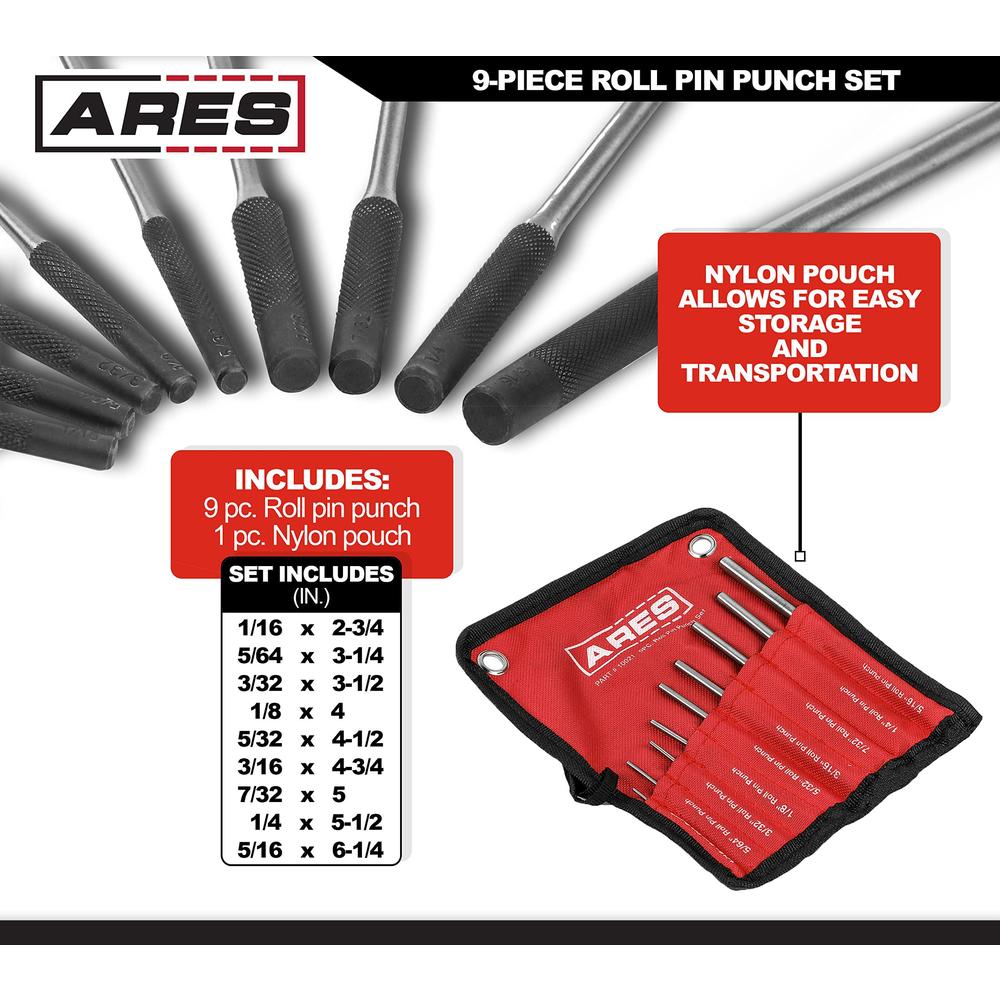 ares 10021 - 9-piece roll pin punch set - durable heat treated and drop forged steel pin punches with pouch -ideal for automo