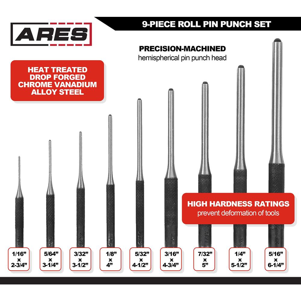 ares 10021 - 9-piece roll pin punch set - durable heat treated and drop ...