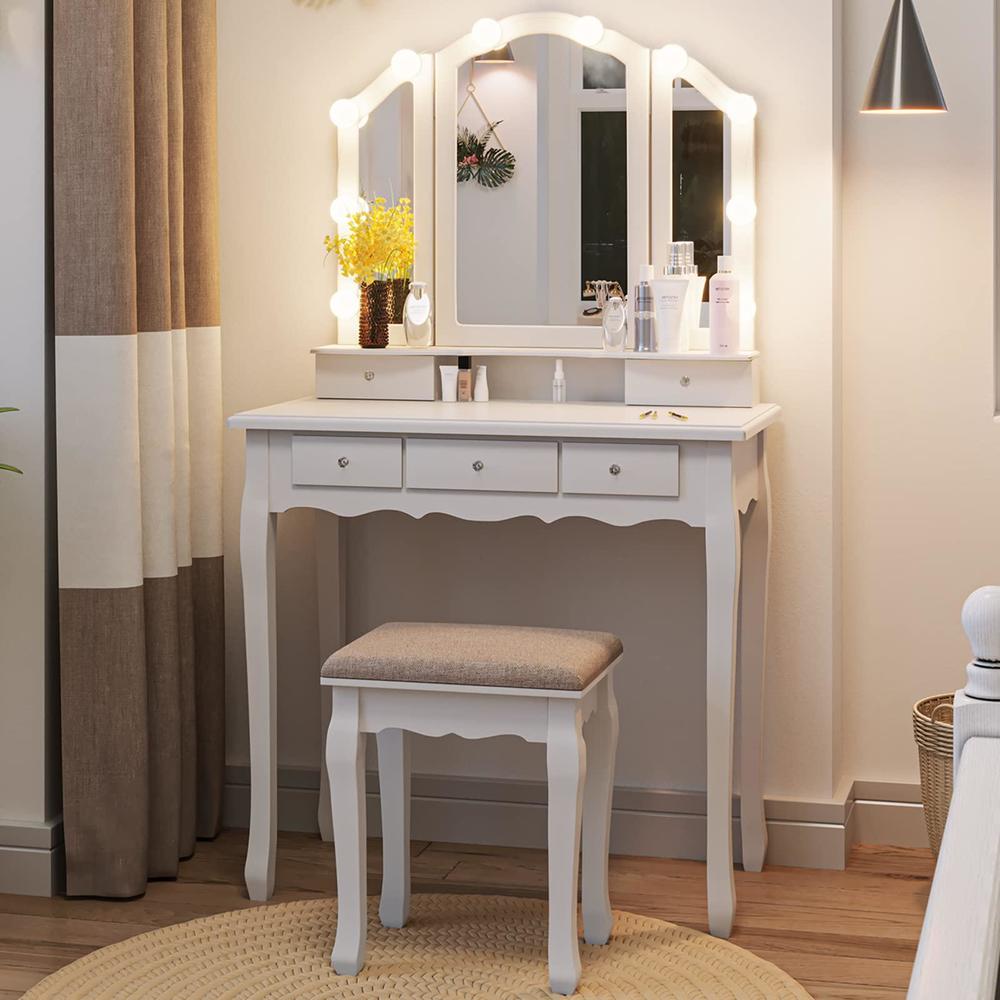 tiptiper vanity table set with lighted tri-folding mirror, makeup vanity with lights & 3 color lighting modes, vanity desk wi