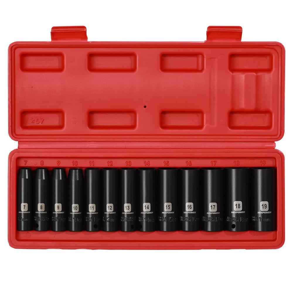 mixpower 13 pieces 3/8-inch drive deep impact socket set, 7mm to 19mm, cr-v, metric, 6 point, deep, 13 pieces 3/8" dr. socket