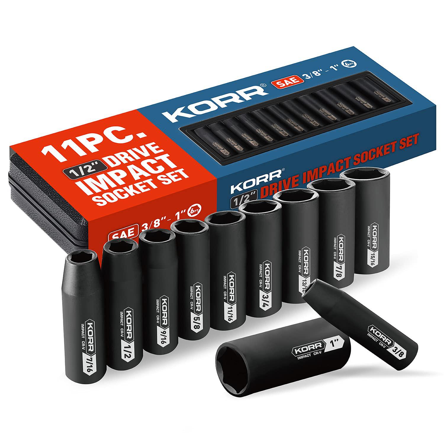 korr tools kss001 11pc impact socket set, 6-point, 1/2-inch drive sae deep socket set