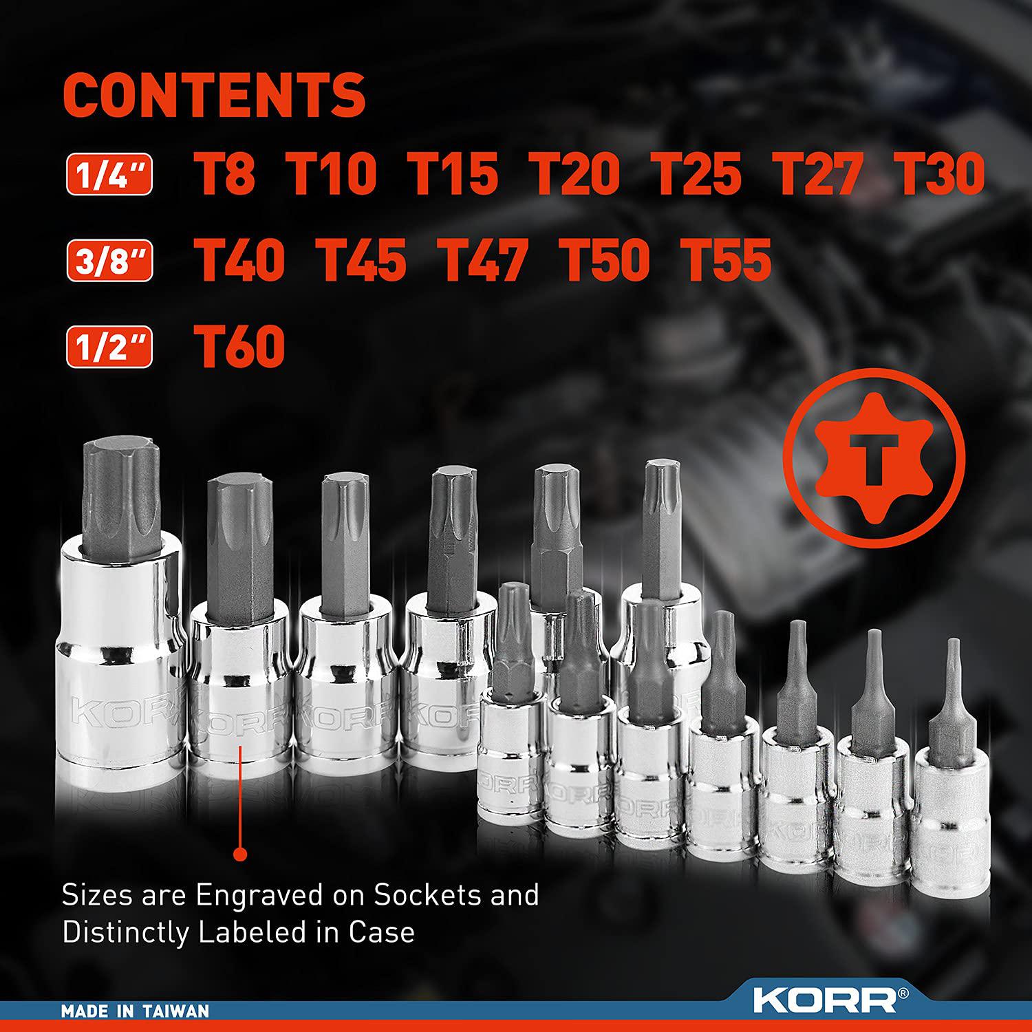 korr tools kss004 13pc torx bit socket set, sizes from t8 - t60 | 1/4-inch, 3/8-inch & 1/2-inch drive