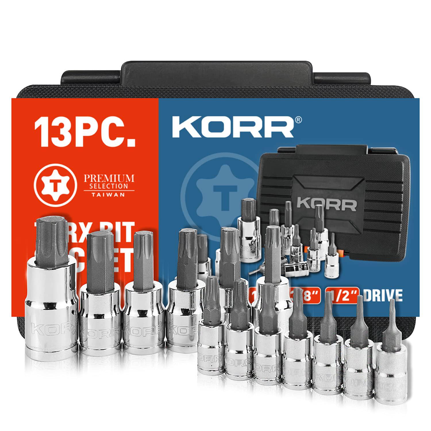 korr tools kss004 13pc torx bit socket set, sizes from t8 - t60 | 1/4-inch, 3/8-inch & 1/2-inch drive