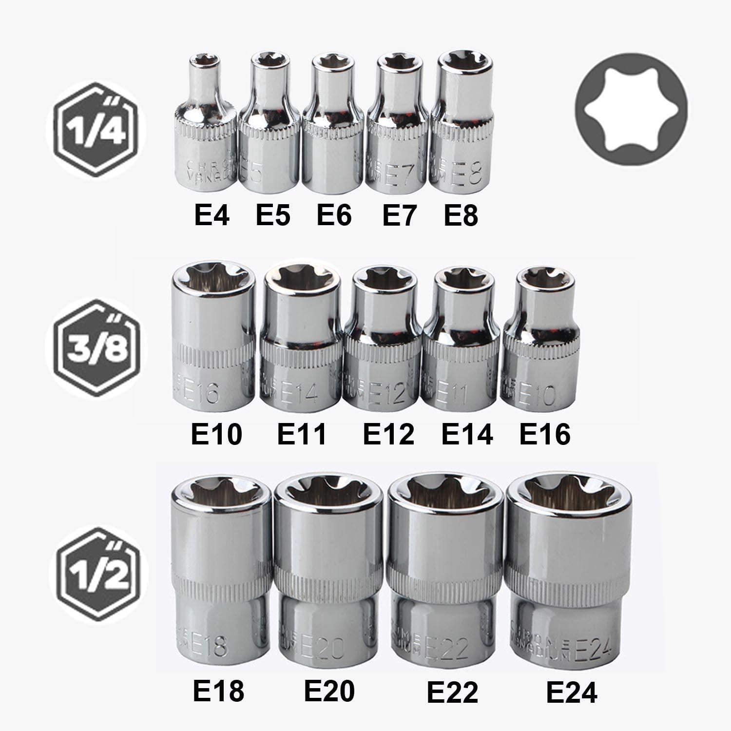 lslansoon female e torx socket set with case, 1/4, 3/8, 1/2 in. drive e4-e24 external torque star socket kit, 14pcs