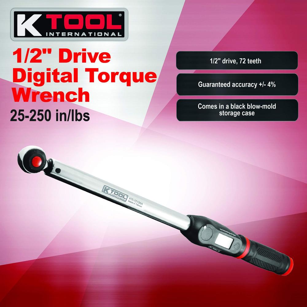 k tool international digital torque wrench 1/2" drive 25-250 ft/lbs, only 3.3 lbs, warranty included; kti72135a