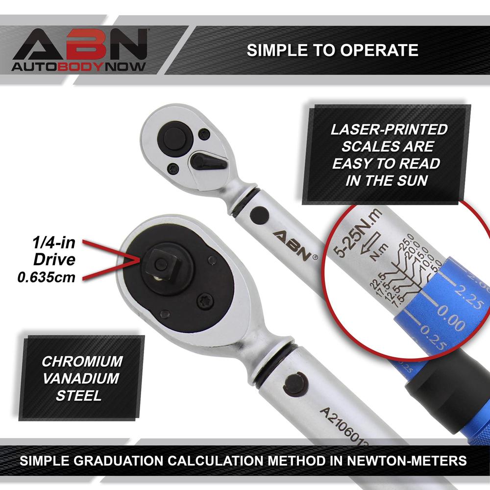 abn dual direction click torque wrench 1/4 drive 40-200 in/lb (5-25 nm) inch pound lug nut wrench and adapter 16pc set
