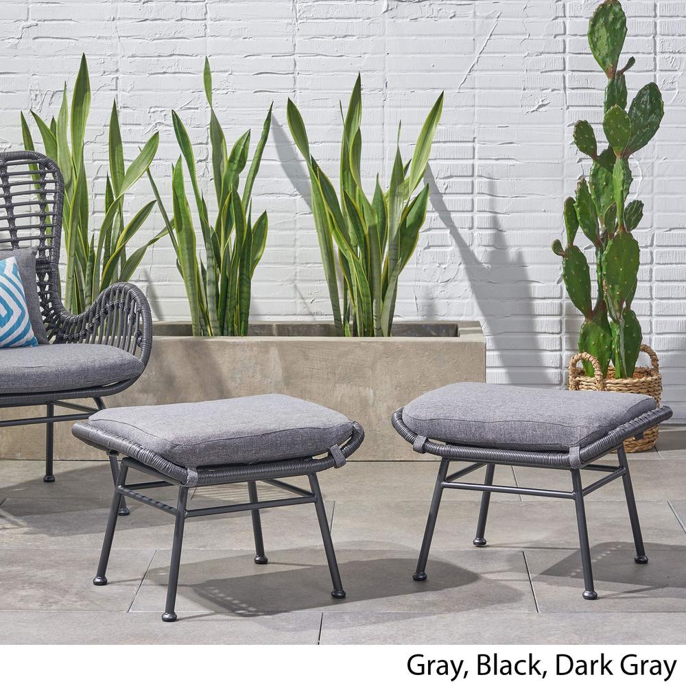 great deal furniture gloria outdoor modern boho wicker ottoman (set of 2), gray, dark gray and black